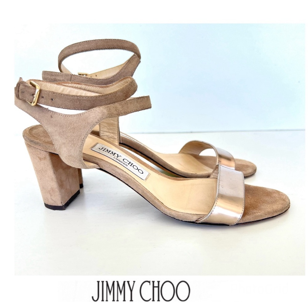 JIMMY CHOO Marine 65 Beige Suede Metallic Leather Strappy Sandals Sz 39.5